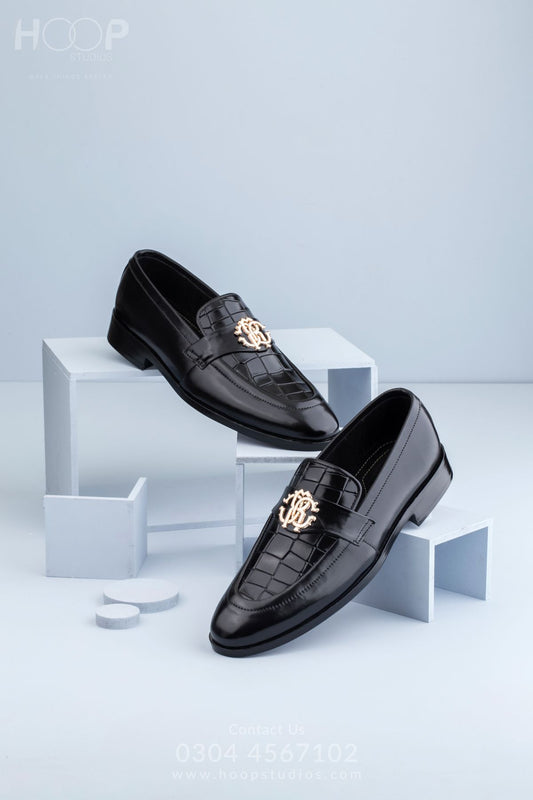 Premium Black Woven Leather Loafers with Gold Buckle